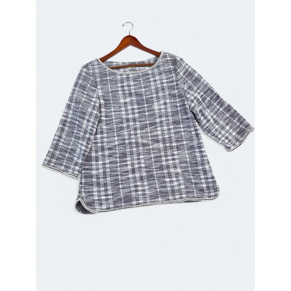 Max Studio Black & White Tweed Plaid 3/4 Sleeve Top - Size Large